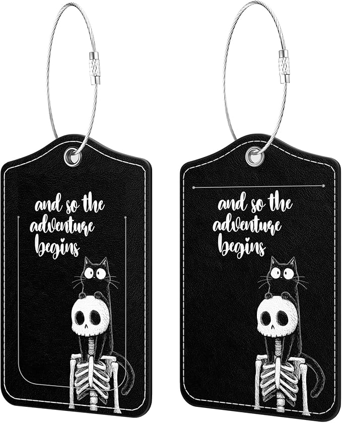 2 Pack PU Leather Luggage Tags for Suitcases, Privacy Protection Cover with Stainless Steel Loop and Address Card, Travel Cruise Essentials (Black Cat Skull)