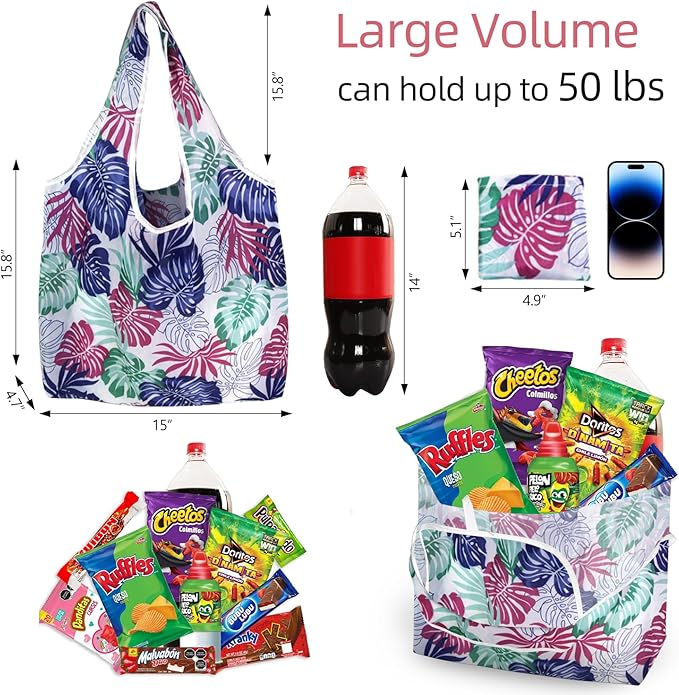 6 Pack Reusable Grocery Bags Heavy Duty with Handles, Reusable Shopping Bags for Women, Foldable, Washable for Store, Travel