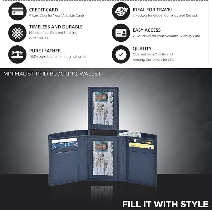 Real Leather Mens Trifold Wallet RFID Blocking Slim Minimalist Front Pocket - Thin & Stylish with ID Window in Gift Box