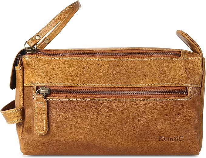 KomalC Premium Buffalo Leather Toiletry Bag for Men & Women With Water resistant Lining, Grooming Travel Pouch, Unisex Wash Bag for Toiletries, Gifts for Men and Women