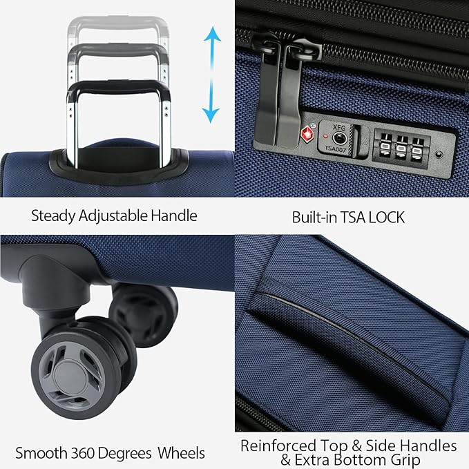 KROSER Softside Expandable checked Luggage with Front Business Pockets，24 Inch Suitcases with Spinner Wheels & Built-in TSA Lock, Durable Suitcase Rolling Luggage, Navy