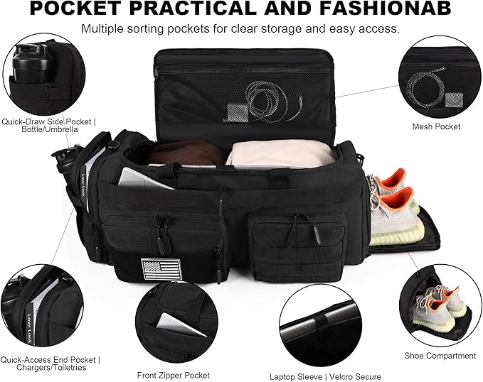 LHI 50L Tactical Duffle Bag for Men, 3-in-1 Gym Duffle and Backpack, Shoe Compartment, Laptop Sleeve and MOLLE, Carry-On Travel Weekender and Overnight Bag – Black