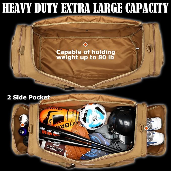 130L Extra Large Duffle Bag for Men, Heavy Duty Duffle Bag for Travel, Large Sports Gym Equipment Bag for Hockey Football Soccer Baseball Basketball & Team training, 130L, Brown
