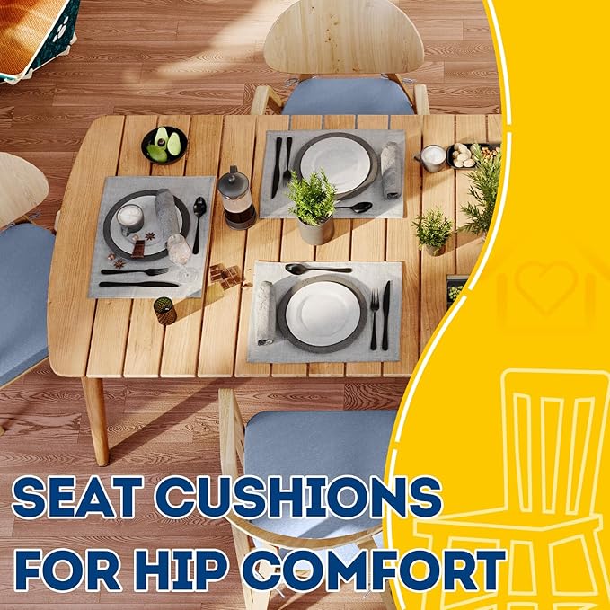 AAAAAcessories D-Shaped Chair Cushions, 2" Thick Dining Chair Pads with Ties and Removable, Machine-Washable Cover, 17" x 16", Set of 4, Light Blue