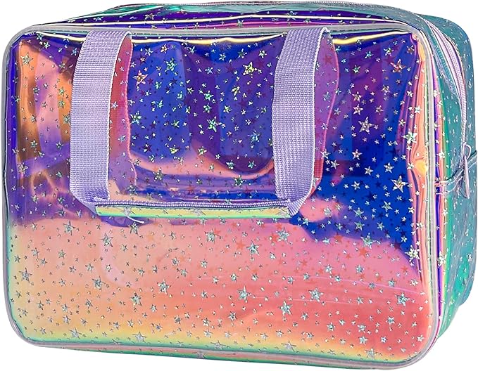 Holographic Purple Star Large Cosmetic Bag and Travel Pouch with Handle,Durable Material,Zipper Design-Ideal for Makeup,Travel Essentials (Purple Handle)