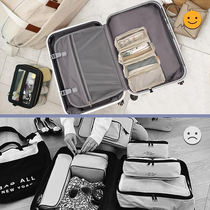 Surblue Travel Hanging Luggage Organizer Portable Suitcase Closet Organizer Multiple Compartments Collapsible Compression Packing Cubes Shelf, Beige, S