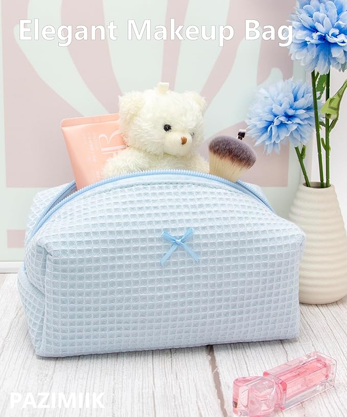 PAZIMIIK 2PCS Cozy Makeup Bag Travel Cosmetic Bag for Women Soft Toiletry Bag Aesthetic Makeup Organizer Portable Large Zipper Pouch for Skincare Beauty Accessories Brushes Waffle Check Blue