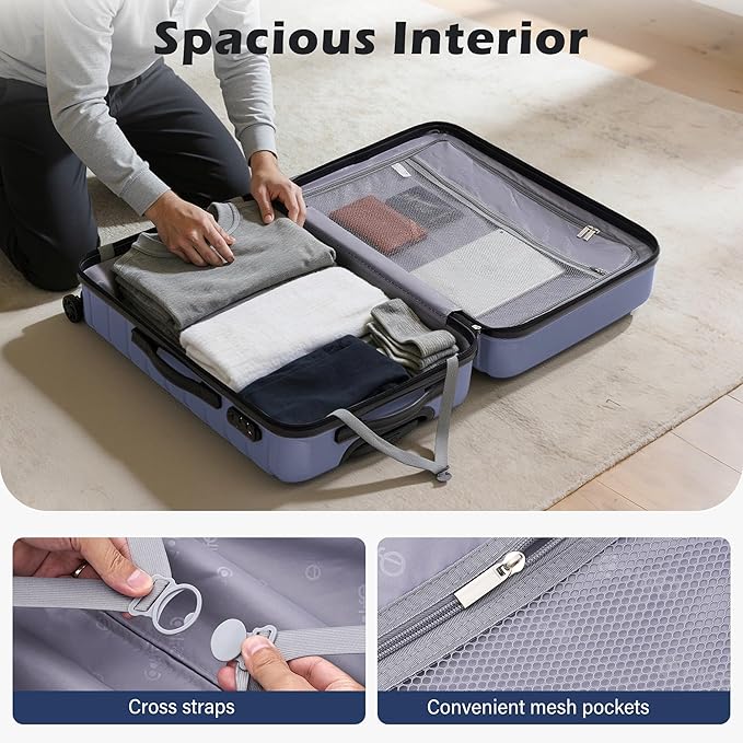 Coolife Medium Checked Luggage with Spinner Wheels Hardside Suitcase TSA Lock Telescopic Handle(Blue)