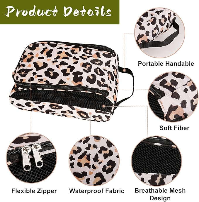 Golf Shoe Bag, Outdoor Zipper Sports Shoe Strap Bag with Air Mesh Ventilation, Durable Waterproof Golf Shoe Carry Bags with Sturdy Handle for Gym, Soccer, Running & Suitcase Packing (Leopard Print)