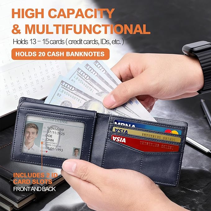 Wallet for Men Slim RFID Blocking Bifold,Minimalist Wallet Small Compact Front Pocket Credit Card Holder,Thin Mens Leather Wallets Smart Security With 2 ID Windows 1 Cash,Birthday Gifts for Men