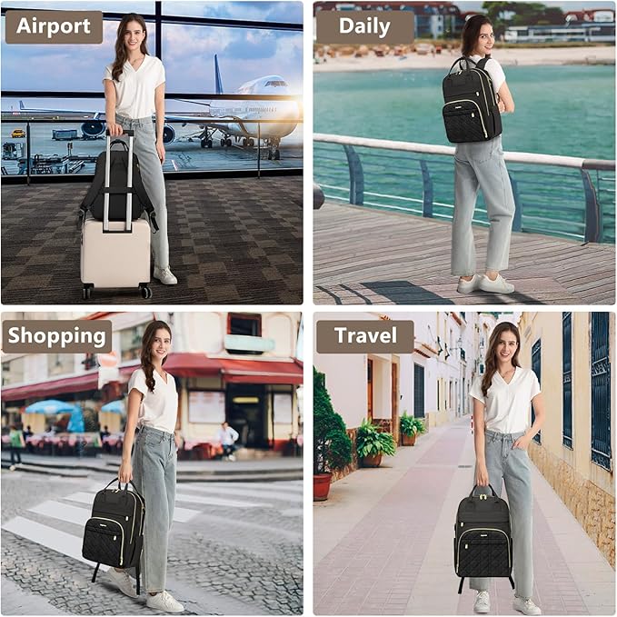 Laptop Backpack for Women Work Bag - 15.6 inch Travel Backpack Purse with USB Charger College Bookbag Waterproof Cute Casual Daypack Fashion Business Computer Backpacks for Teacher Nurse Black
