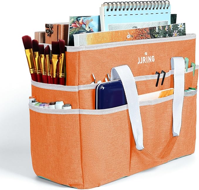 JJRING Craft Organizer Tote Bag, Large Art Storage Caddy with Multiple Pockets, Orange Sewing Bag for Art, Craft, Scrapbooking, School, Medical, and Office Supplies Storage