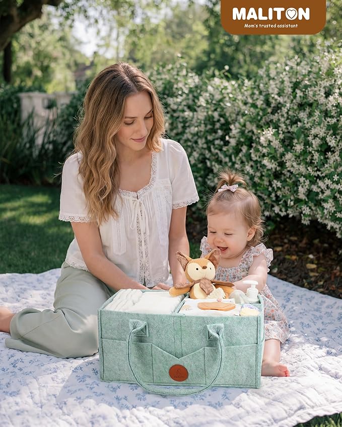 Maliton Baby Diaper Caddy, Nursery Storage Bin & Car Organizer with Handle, Large Felt Bag for Newborn essentials Boy or Girl, Changing Table Organizer for Baby Stuff, 15" x 9" x 7"Baby Shower Basket