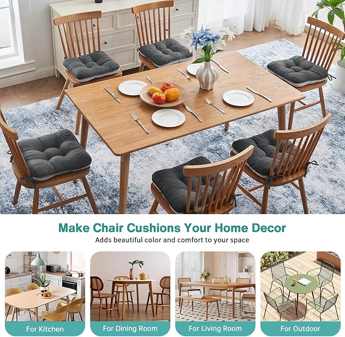 BETU Chair Cushions for Dining Chairs Set of 6,3.5" Thick Kitchen Table Chair Pads with Ties,Non Slip Backing and Covers, Seat Cushion for Dining Room,Bar,Patio Chairs,16"X16"X3.5",Dark Grey