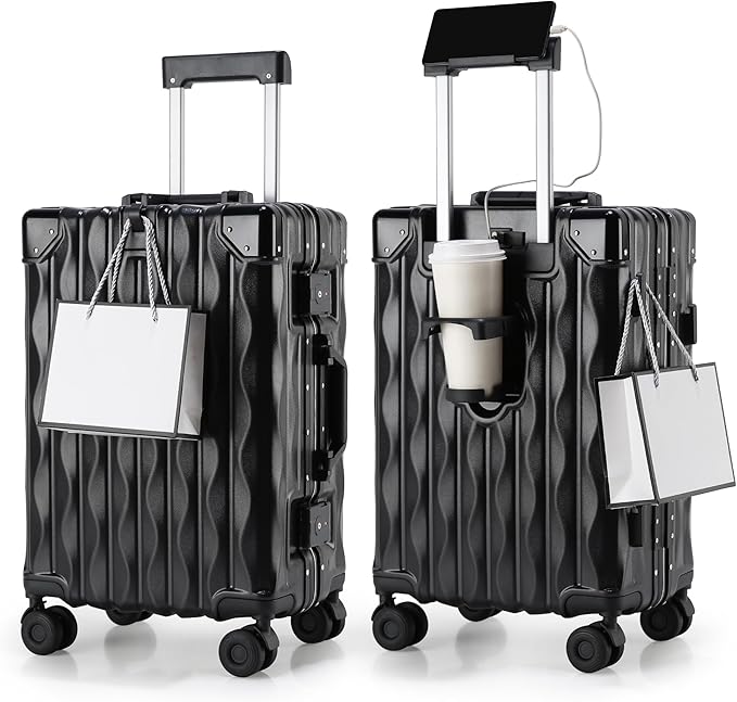 20 Inch Carry On Luggage with Spinner Wheels,Aluminum Frame PC Hard Shell Suitcase with USB Port,Lightweight Travel Luggage Airline Approved for Men Women, Black