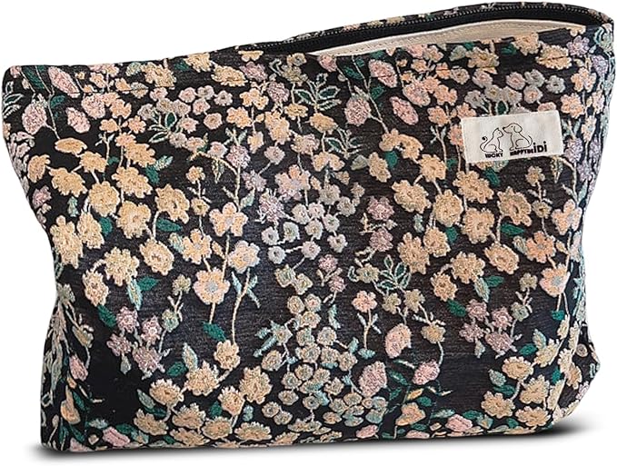 HAPPYHEIDI Women Aesthetic Makeup Bag With Compartment Accessory Zipper Pouch for Cosmetics Travel, Purse Organizer, Embroidery Lucky Flowers Black