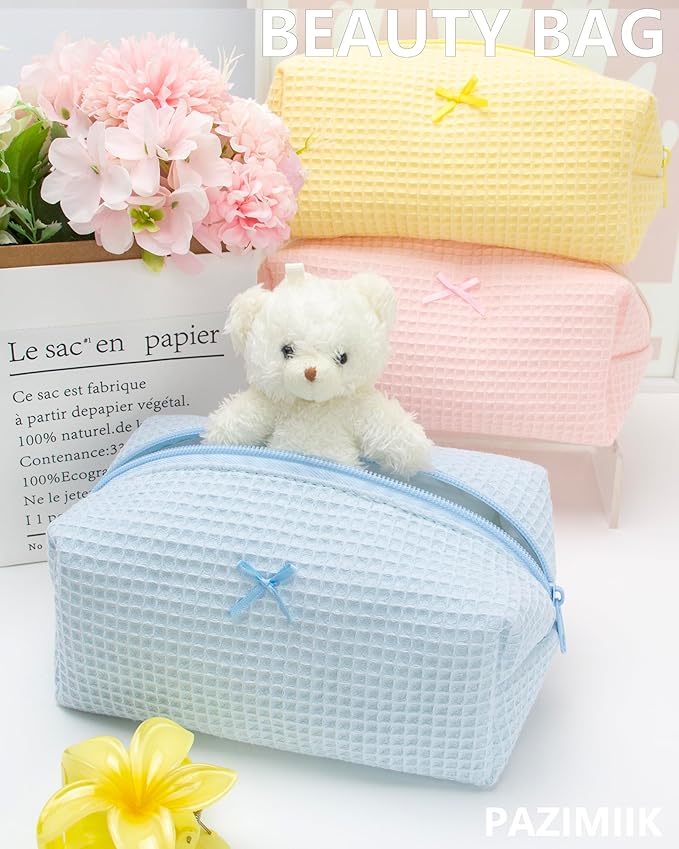 PAZIMIIK 6PCS Cozy Makeup Bag Travel Cosmetic Bag for Women Soft Toiletry Bag Aesthetic Makeup Organizer Portable Large Zipper Pouch for Skincare Beauty Accessories Brushes Waffle Check Blue
