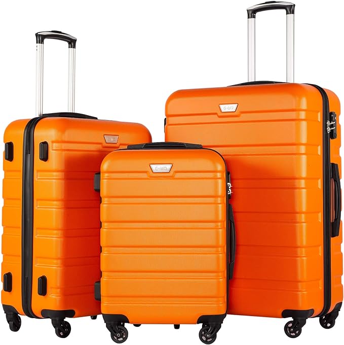 Coolife Luggage 3 Piece Set, Lightweight Durable Hardshell Suitcase set with 360° Spinner Wheels, TSA-approved Lock, Checked Family Travel Luggage sets, 20/24/28 Inch, Orange