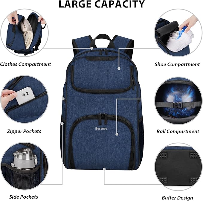 Bosynoy Bowling Backpack, Bowling Ball Bag Totes for Single Ball with Shoe Compartment & Foam Padded, Fits Shoes Up to US Mens Size 16, Grey