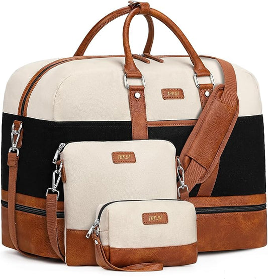 Weekender Bag for Women, Large Overnight Bag Canvas Travel Duffel Bag Carry On Tote with Shoe Compartment 21" 3Pcs Set