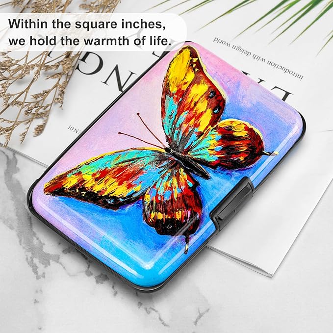 ELFISH RFID Blocking Credit Card Protector Aluminum ID Case Hard Shell Business Card Holders Metal Wallet for Men or Women (One Butterfly)