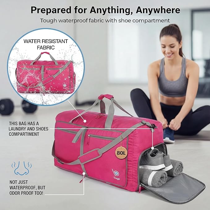 Bago Large Duffle Bag for Travel Women & Men. Durable Lightweight Foldable Travel Duffel Bags For Traveling Women. 80L Duffle Bags For Overnight Bag With Shoe Compartment Collapsible Weekender duffel
