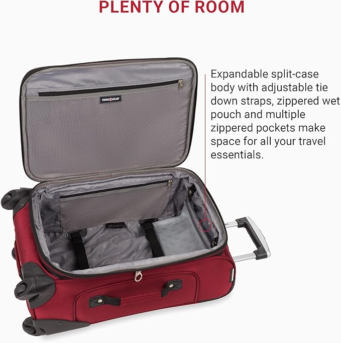 SwissGear Sion Softside Expandable Luggage – Carry-On Suitcase with 360 Degree Wheels & Retractable Handle – 21 Inch, Perfect for 1-3 Night Trips – Burgundy