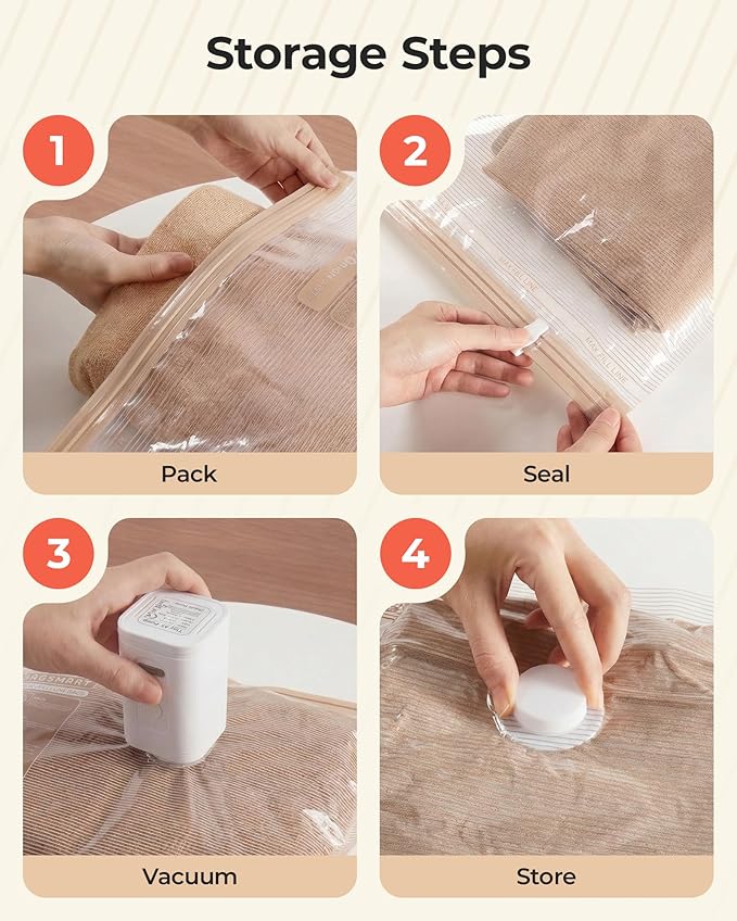 BAGSMART Vacuum Bags for Travel with Rechargeable Air Pump, Portable Space Saver Bags for Travel & Home, Vacuum Compression Seal Bag for Clothing, Blanket, 15 Pack-Khaki Brown