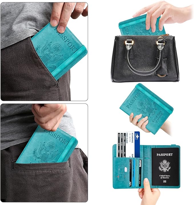 WALNEW Passport Holder for Travel, RFID Passport Cover Wallet for Women Men, PU Leather Passport Book Card Holder Case with Pen (Elastic Band Closure, AA-Brown+Blue)