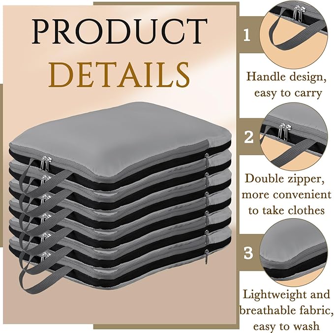 Hosuly 6 Pcs Ultralight Compression Packing Cubes for Travel 17.3 x 12.6'' XL Large Expandable Luggage Organizers for Save Space Family Long Trips (Dark Gray)