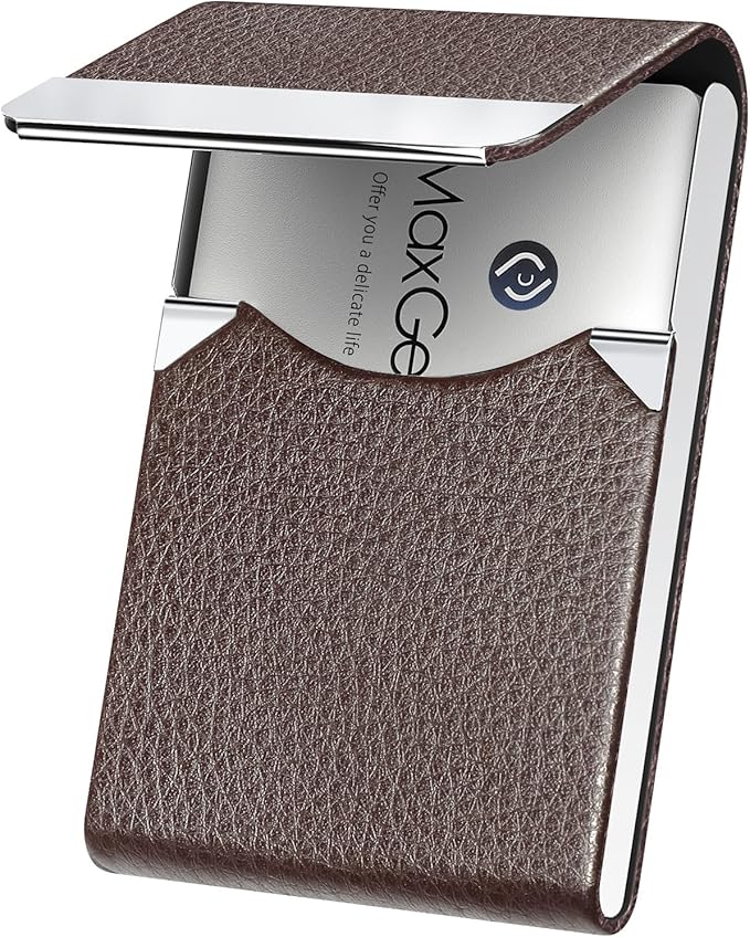 MaxGear Business Card Holder, Slim PU Leather & Stainless Steel Business Card Case for Men & Women, RFID Blocking Name Card Holder with Magnetic Closure, Coffee