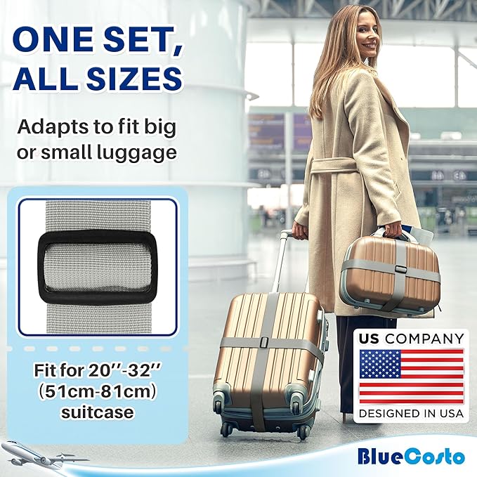 Luggage Straps for Suitcases - TSA Approved - Silver, 4 PK - Premium Nylon Belts for Suitcase, Briefcase & Travel Bag - Adjustable Strap Length 46" - 78"