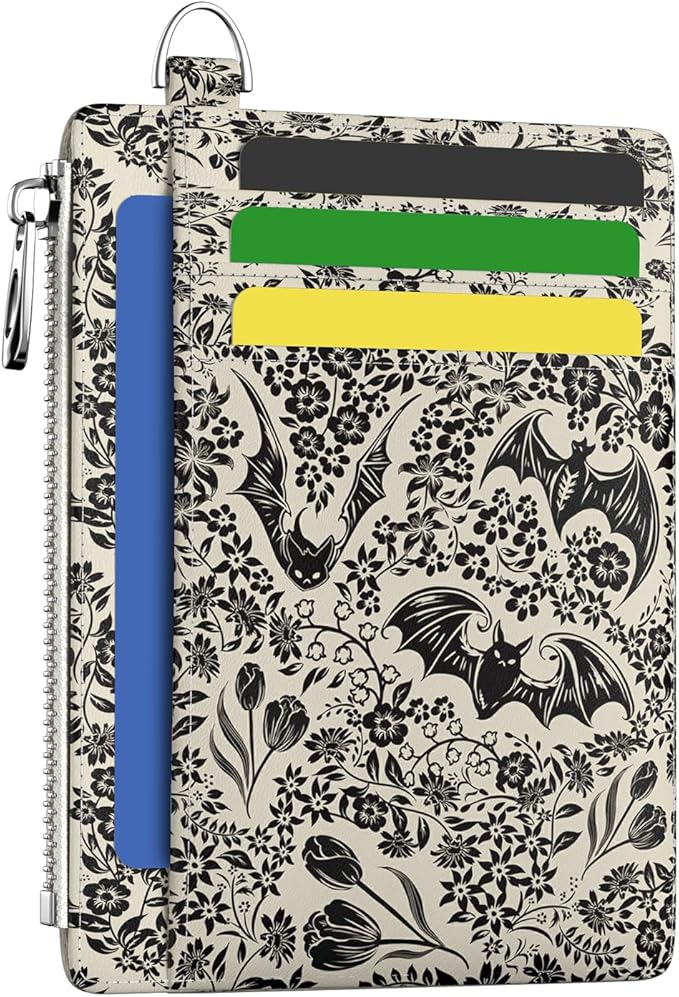 Hancynir Goth Bat Floral Slim Wallet Women Credit Card Holder Gothic Flower RFID Blocking Small Cute Card Wallets Mini Front Pocket PU Leather Thin Travel Zipper Coin Cash Ladies Female Wallet Gifts