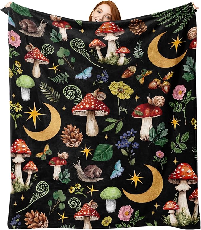 Mystical Forest Mushroom Flannel Throw Blanket, Fairy Tale Cottagecore Moon Star Men Women Adults Teen Kids Birthday Gifts, Witchy Boho Botanical Soft Blankets for Bedding Sofa 50" x 70"