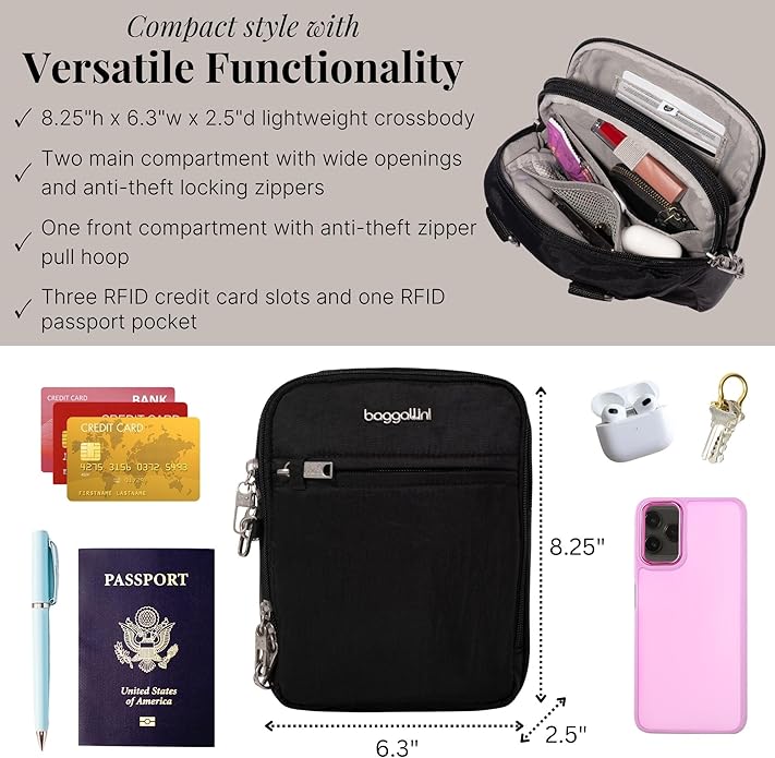 Baggallini Securtex® Anti-theft Mini Everything Crossbody Bag, 6.3"x8.25" Rfid, Locking Zippers & Cut-resistant Strap