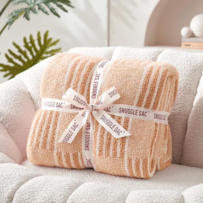 Snuggle Sac Checkered Throw Blanket Faux Fur Microfiber Blankets for Couch,Reversible Soft Cozy Warm Blanket for Sofa Bedroom,Cute Lightweight Striped Throws for Women,Heather Beige,60x80 inches