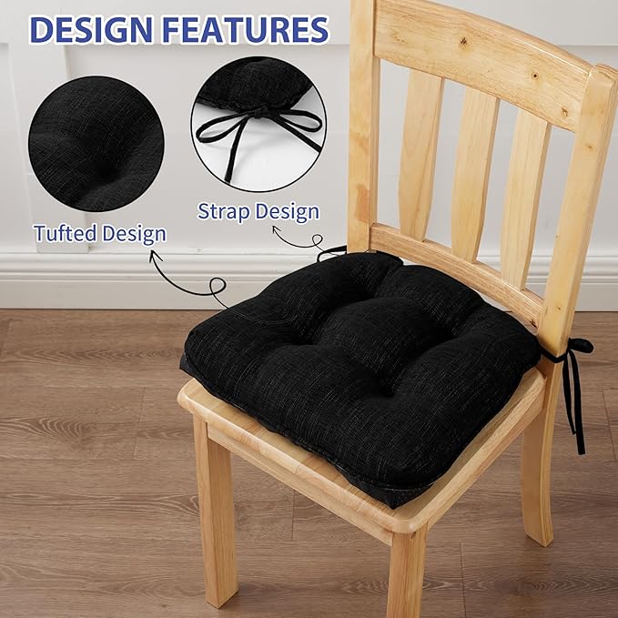 Chair Cushions for Dining Chairs Set of 6, Kitchen Chair Cushions, Chair Pads with Ties and Non Slip Backing, Tufted Memory Foam Seat Cushion 6 Pack, 15.5" x 15.5" x 4", Black