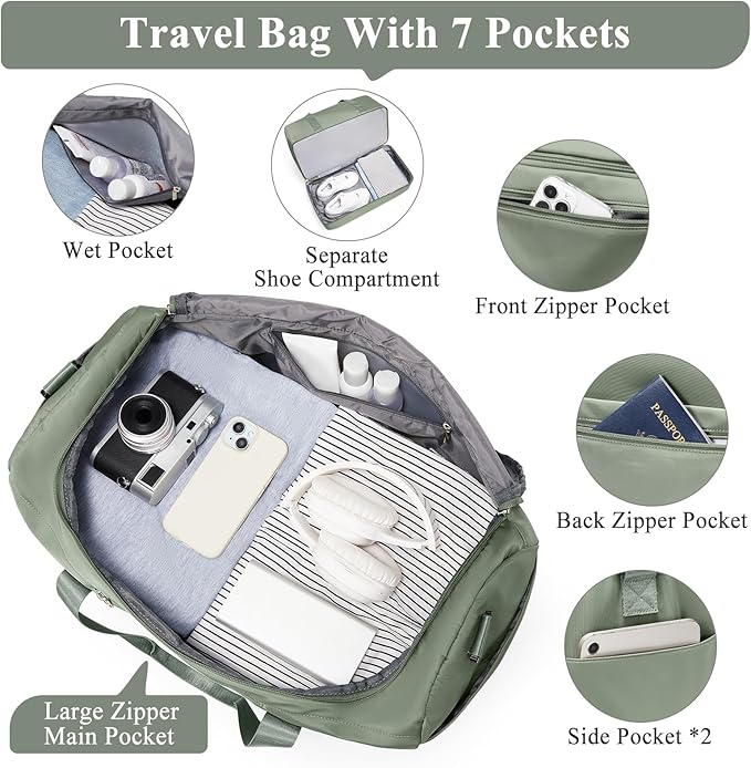Extra Large Travel Duffle Bag,Carry on Overnight Bag with Shoes Compartment,Weekender Bags for Women for Travel Business Trips Sport Hospital,3 Pcs Set,Green