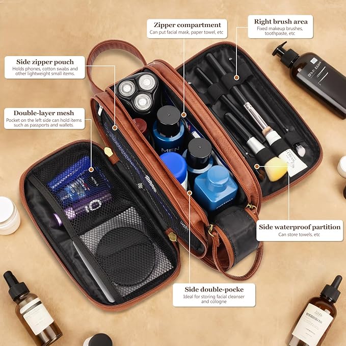 Travel Toiletry Bag for Men,Mens Shaving Bags for Toiletries,Men's Toiletry Travel Bag PU Leather,Personalized Travel Essentials,Birthday Gifts For Men,Brown- K