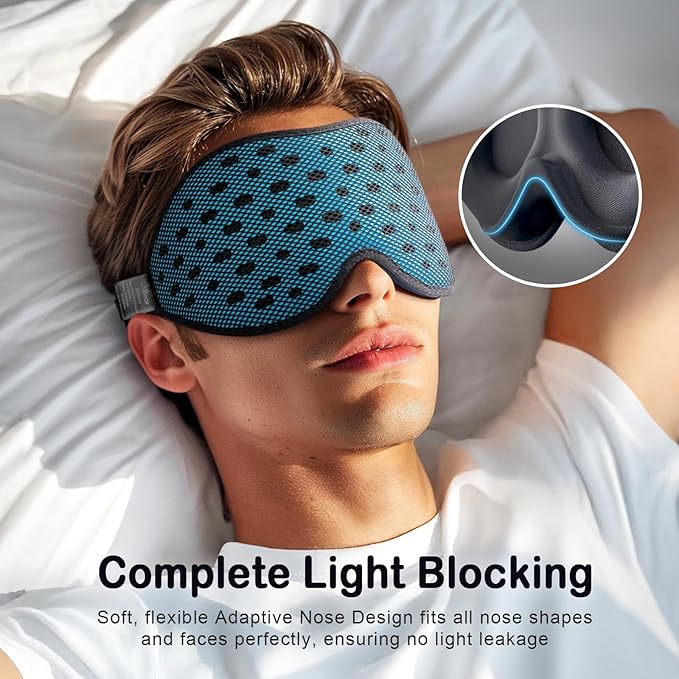 LitBear Breathable Sleep Mask, 3D Eye Mask Sleep for Side Sleepers Women Men, Light Blocking Sleeping Mask with Adjustable Strap, Soft Lightweight Eye Cover for Travel, Night Work, Nap, Office - Blue