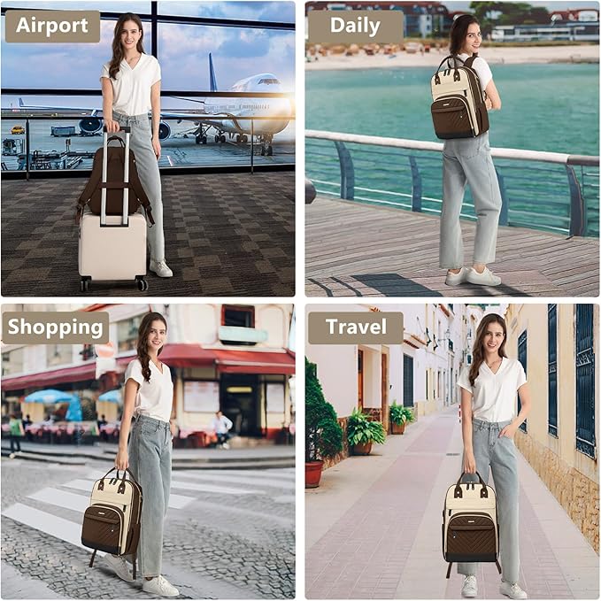 Laptop Backpack for Women Work Bag - 15.6 inch Travel Backpack Purse with USB Charger College Bookbag Waterproof Cute Casual Daypack Fashion Business Computer Backpacks for Teacher Nurse Brown Khaki