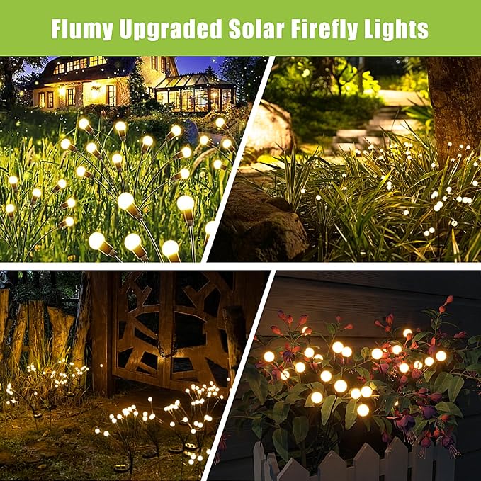 Flumy Solar Garden Lights Outdoor - 2 Pack 16 LED Firefly Lights Waterproof, Solar Powered Patio Yard Light, 4th of July Decor for Pathway Flowerbed Planter Balcony(Warm White)