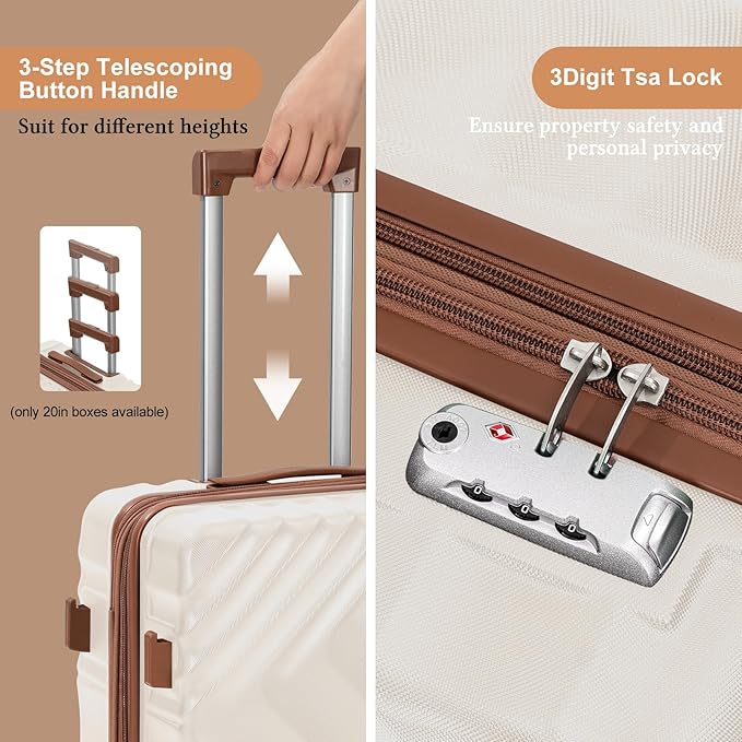 3 piece Luggage Set Expandable Suitcase 22x14x9 Airline Approved Carry on, ABS Hard Case Suitcases with Spinner Wheels,TSA Lock, (Beige, 3 Piece Sets(20/BP/TB))