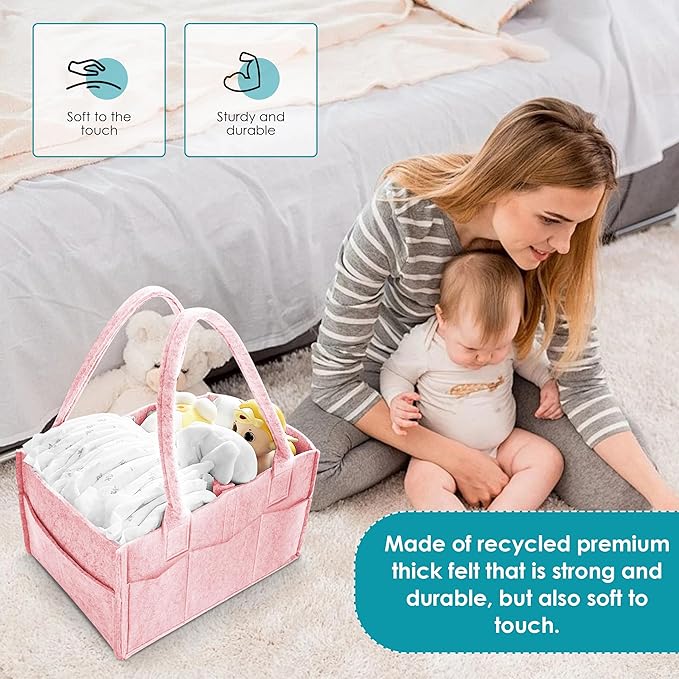 Cute Castle 2 Pack Diaper Caddy Organizer - Portable Baby Caddy Organizer with Handle, Nursery Storage Bin and Car Organizer for Girls, Boys - Baby Gift Basket - Pink, Large