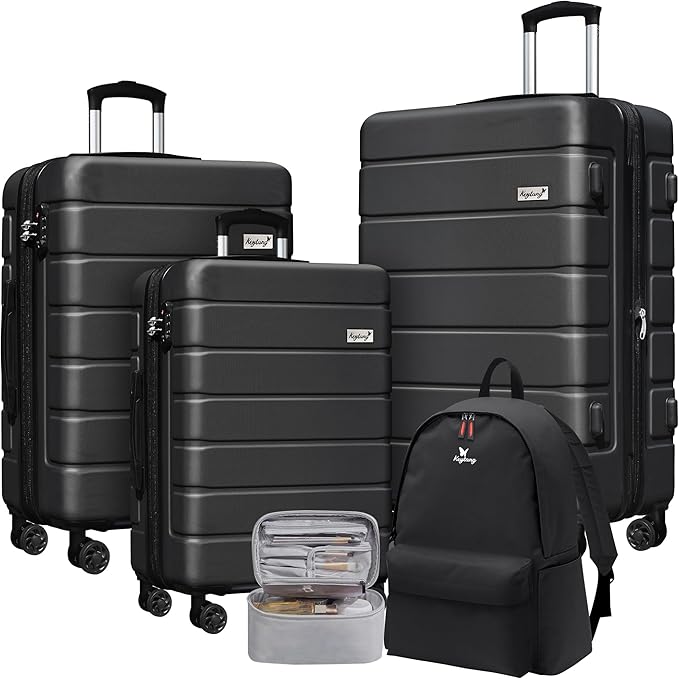 Explorer Luggage Set, Lightweight Hardside Suitcase, Expandable Carry-On Luggage with Travel Backpack & Cosmetic Makeup Bag, 5-Piece Set (20in/24in/28in), Black