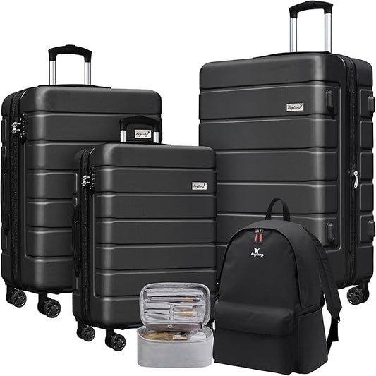 Explorer Luggage Set, Lightweight Hardside Suitcase, Expandable Carry-On Luggage with Travel Backpack & Cosmetic Makeup Bag, 5-Piece Set (20in/24in/28in), Black