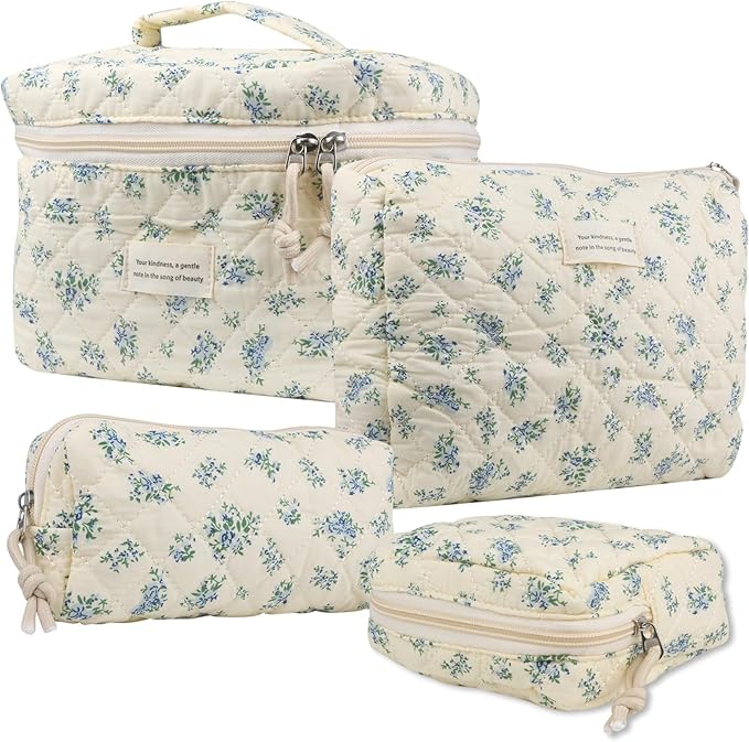 Cute Makeup Bag for Women(2 Pcs), Travel Cosmetic Bags, Quilted Coquette Aesthetic Floral Toiletry Organizer Bag (41 - Blue Rose/4PCS)