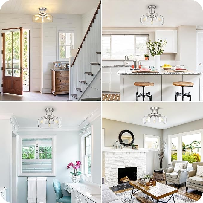 3-Light Semi Flush Mount Light Fixture, Modern Industrial Glass Ceiling Light with E12 Base, Metal Semi Flush Ceiling Light for Living Room Kitchen Bedroom Hallway Balcony, No Bulbs, Nickle