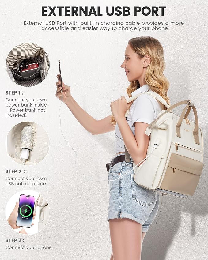 LOVEVOOK Laptop Backpack for Women 15.6 Inch, Travel Backpack with USB Charging Port Large Capacity Laptop Bag, Waterproof Bag for Business College Airline Approved Work Backpack(Beige)