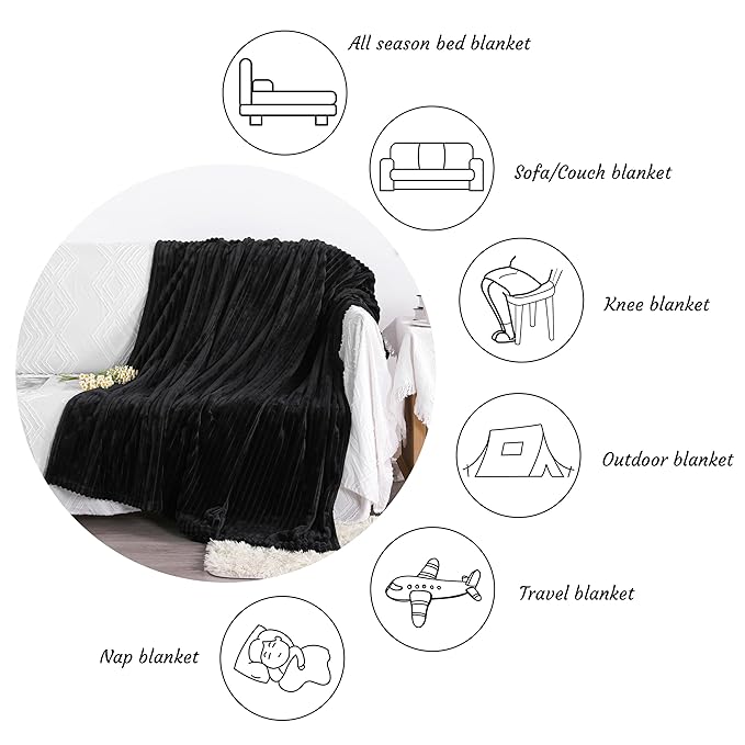 NTBAY Plush Flannel Twin Bed Blanket, 60X80 Inches Soft and Warm Lightweight Blanket with Striped Texture Bed Blanket for Couch Sofa Bed All Seasons, 60"x80", Black